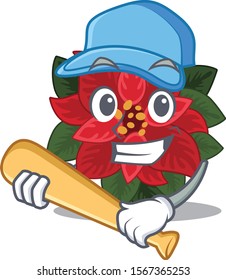 Funny smiling flower Poinsettia cartoon mascot playing baseball