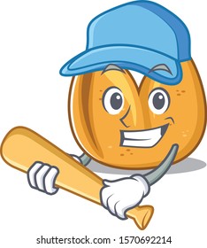 Funny smiling fortune cookie cartoon mascot playing baseball