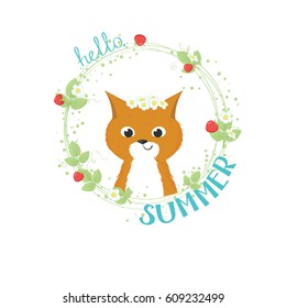 Funny smiling fox with a crown of strawberries flowers on head, single composition in light green frame decorated with raspberry berries and flowers, and Hello Summer lettering. Vector illustration.
