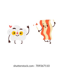 Funny smiling fried egg and bacon strip character, perfect combination, cartoon vector illustration isolated on white background. Funny fried egg and bacon, two smiling breakfast characters