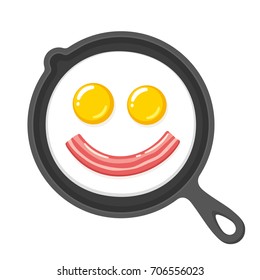 Funny Smiling Fried Eggs And Bacon In Skillet. Breakfast Food Cartoon Vector Clip Art Illustration.