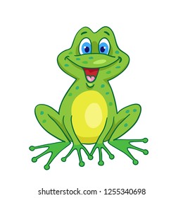 Funny smiling frog in cartoon style sits isolated on white background.  Vector illustration.