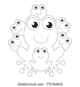 Funny smiling Frog Mom and her Infant cartoon. Outlined illustration with thin line black stroke