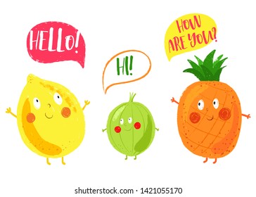 Funny smiling fruits for kids: lemon, gooseberry, pineapple. Say hello. Talking emotional fruits. Smiling faces foods characters. Hand drawn kids illustration. Vector food background. Pencil texture