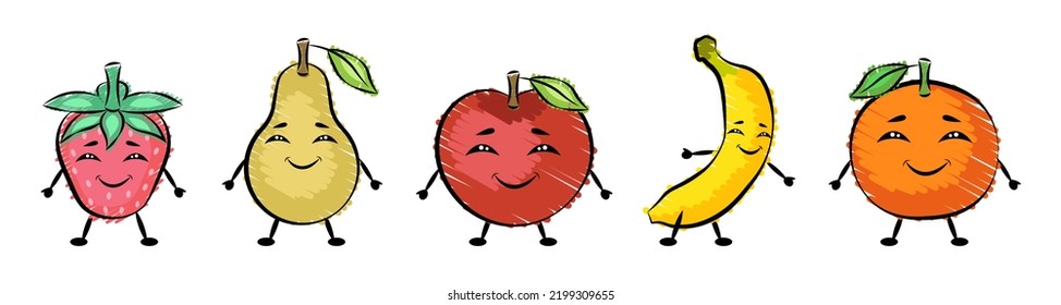 Funny smiling fruits set. Fruit doodles isolated vector. Strawberry, pear, apple, banana and orange. For internet, printing, product design, logo. Line, contour. Vector hand-drawn flat illustration.