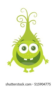 Funny smiling germ. Green cartoon character with big eyes. Happy monster with tooth. Bacteria with hands and open mouth. Vector funny illustration in flat style design. Friendly virus. Microbe face