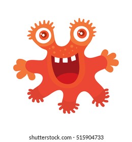 Funny smiling germ. Red smile character. Happy monster with tooth. Bacteria with big eyes and red mouth. Vector cartoon funny illustration in flat style design. Friendly virus. Microbe face