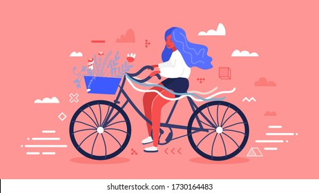 Funny smiling girl with blue hair riding bicycle with flower and leaves bouquet in front basket on the warm red background with geometrical figures. Flat cartoon colorful vector illustration.