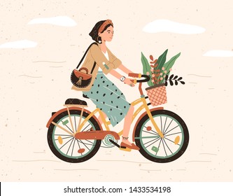 Funny smiling girl dressed in stylish clothes riding bicycle with flower bouquet in front basket. Cute happy young woman on bike. Adorable female bicyclist. Flat cartoon colorful vector illustration.
