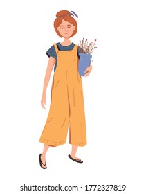 A funny smiling girl dressed in stylish clothes who holds a vase with flowers in her hands. Flat vector illustration.