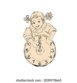 Funny smiling girl moves the hands on the clock. Midnight. The chimes strike. New Year.