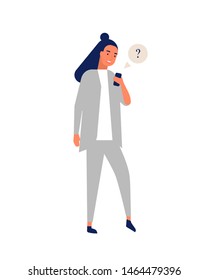 Funny smiling girl in suit sending messages via smartphone. Young happy woman using mobile phone. Online communication, social media addiction, instant messaging. Flat cartoon vector illustration.