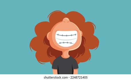 
Funny Smiling Girl Wearing Braces Vector Cartoon Illustration. Cheerful patient going to the orthodontist to complete the  journey to a perfect smile
