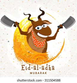 Funny smiling goat holding cleaver knife in both hands for Islamic Festival of Sacrifice, Eid-Al-Adha celebration.