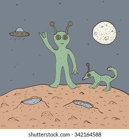 Funny smiling green alien with his pet on red planet with craters on sky background with Moon and flying saucer. EPS 8 vector illustration, no transparency