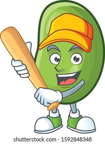 Funny smiling green beans cartoon mascot with baseball