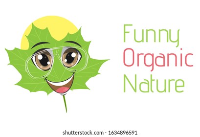 Funny smiling green leaf cartoon logo with dummy text for multipurpose use.