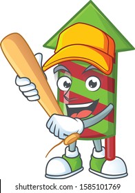 Funny smiling green stripes fireworks rocket cartoon mascot playing baseball