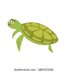 Funny smiling green turtle. Sea and ocean animal creature aqua fauna. Vector flat isolated illustration