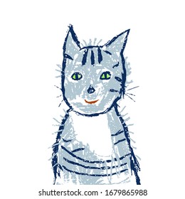 Funny smiling grey or blue cat. Crayon, pastel chalk or pencil artistic doodle stroke. Like child's hand drawing. Vector kid`s style isolated doodle kitten pet.