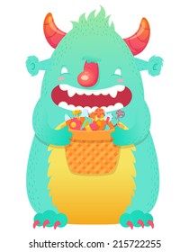 Funny smiling Halloween fluffy monster character with a basket of candies for trick or treat