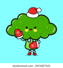 Funny smiling happy Broccoli christmas hat.Vector flat cartoon character illustration icon design. Isolated blue background