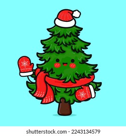 Funny lächelnd fröhlichen Weihnachtsbaum Weihnachtsmütze.Vector flache Cartoon Charakter Illustrationssymbol Design. Einziger blauer Hintergrund