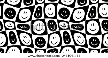 Funny smiling happy face checkered seamless pattern. Retro psychedelic checker board tile smile icon background texture. Black and white cartoon doodle wallpaper.