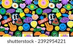 Funny smiling happy face colorful sticker label seamless pattern. Retro 90s smile icon tag background texture. Trendy sign wallpaper.