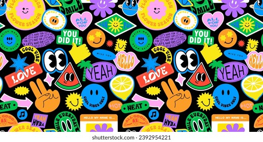 Funny smiling happy face colorful sticker label seamless pattern. Retro 90s smile icon tag background texture. Trendy sign wallpaper.