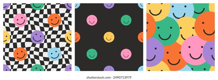 Funny smiling happy face colorful checkered seamless pattern set. Retro psychedelic checker board tile smile icon background texture collection. Trendy cartoon doodle wallpaper.