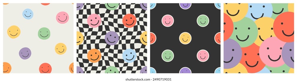 Funny smiling happy face colorful checkered seamless pattern set. Retro psychedelic checker board tile smile icon background texture collection. Trendy cartoon doodle wallpaper.