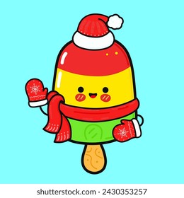 Funny smiling happy Ice cream christmas. Vector flat cartoon character illustration icon design. Isolated on blue background