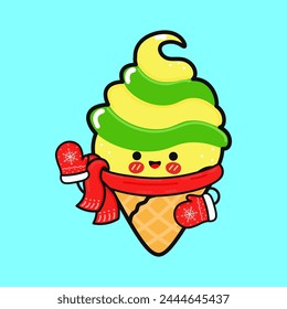 Funny smiling happy Ice cream christmas. Vector flat cartoon character illustration icon design. Isolated on blue background