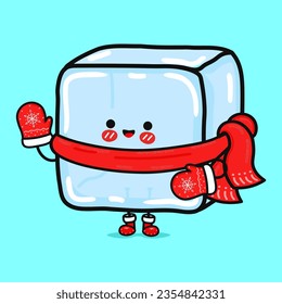 Gracioso sonriente feliz sombrero de navidad con cubo de hielo. Diseño de iconos de ilustración de caricatura plana vectorial. Fondo azul aislado