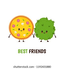 Funny smiling happy marijuana weed bud and pizza.Vector flat cartoon character illustration icon design.Isolated on white background.Weed bud,marijuana,ganja, cannabis,pizza, best friends card concept