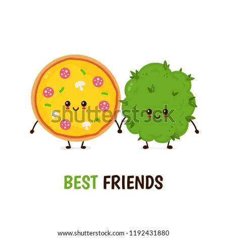 Funny smiling happy marijuana weed bud and pizza.Vector flat cartoon character illustration icon design.Isolated on white background.Weed bud,marijuana,ganja, cannabis,pizza, best friends card concept