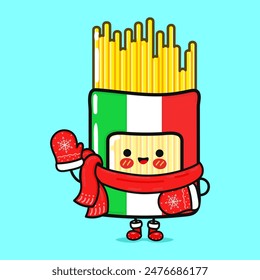 Divertido sonriente feliz Pack Spaghetti sombrero de Navidad. Ilustración de personaje de dibujos animados plano de Vector. Fondo azul aislado