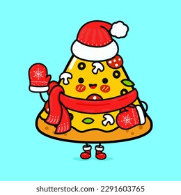 Funny smiling happy piece of pizza and christmas hat. Vector flat cartoon character illustration icon design. Isolated on blue background