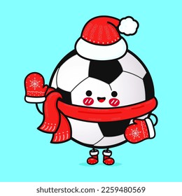 Funny lächelnd glücklicher Fußball und Weihnachtsmütze. Vektorgrafik-Zeichentricksymboldesign mit flachem Cartoon-Zeichentrickfilm. Einzeln auf blauem Hintergrund