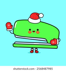 Funny smiling happy Stapler christmas. Vector flat cartoon character illustration icon design. Isolated on blue background