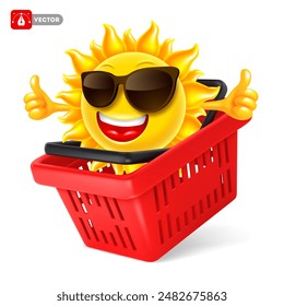 Funny smiling and happy sun character in sunglasses sitting in the red shopping basket and shows ok gesture with both hand. Hot summer sale concept. Vector illustration