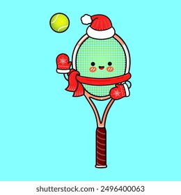 Funny smiling happy Tennis racquet and christmas hat. Vector flat cartoon character illustration icon design. Isolated on blue background