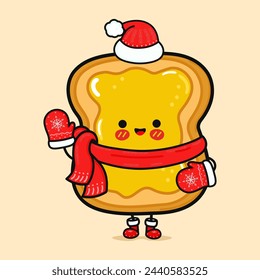 Funny smiling happy Toast with honey christmas. Vector flat cartoon character illustration icon design. Isolated on brown background