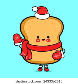 Funny smiling happy Toast piece of bread christmas. Vector flat cartoon character illustration icon design. Isolated on blue background