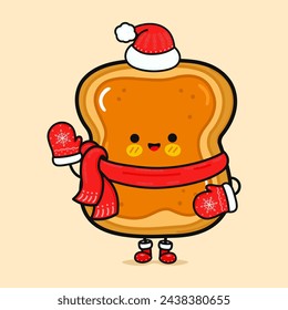 Funny smiling happy Toast piece of bread with peanut butter christmas. Vector flat cartoon character illustration icon design. Isolated on brown background