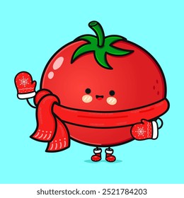 Divertida sonriente feliz Navidad de tomate. Vector plano de dibujos animados ilustración de personajes de diseño de iconos. Aislado sobre fondo azul