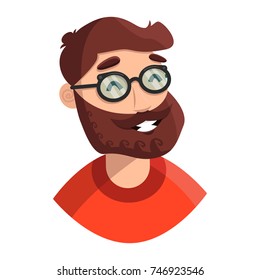 Funny smiling Hipster in transparent glasses with a beard in a orange T-shirt on a white background. Vector illustration, avatar of a Hipster.