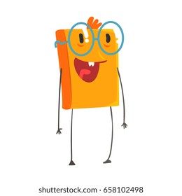 Funny smiling humanized orange book wearing glasses cartoon character vector Illustration
