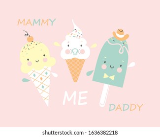 Funny smiling ice cream. Ice cream family. Mom, dad and baby. Vector illustration.